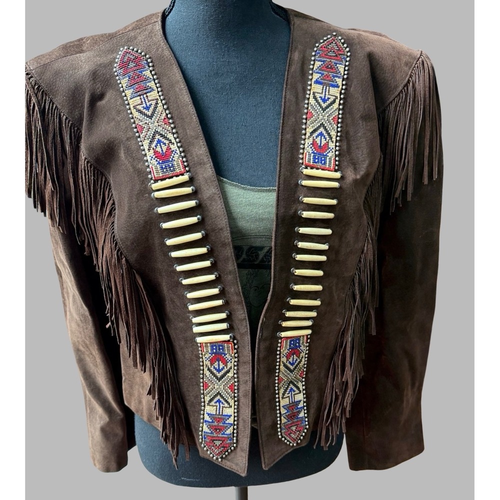 Vintage Tony Lama Brown Suede Fringe Jacket Beaded Western‎ USA Women's 12